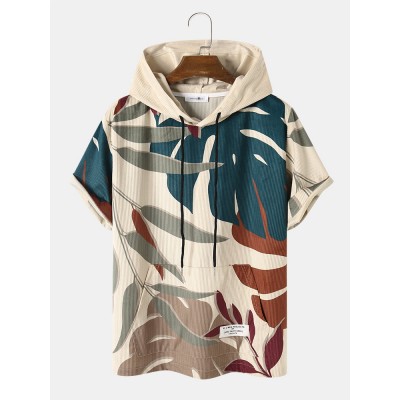 Men Tropical Plant Print Corduroy Casual Short Sleeve Hooded T  Shirts