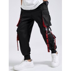 Mens Letter Tape Multi Pockets Fashion Pants