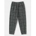 Men Glen Plaid Drawstring Waist Pockets Straight Casual Pants