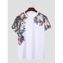 Mens Floral Print Crew Neck Holiday Short Sleeve T  Shirts