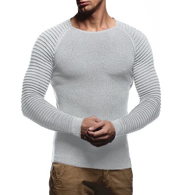 Mens Pleated Sleeve Casual Solid Color Warm Crew Neck Long Sleeve Knitted Sweaters