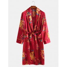 Mens Long Sleeve Silk Bathrobe Nightdress Sleepwear