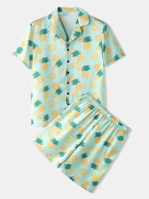 Mens Pajama Set Funny Pineapple Print Faux Sik Revere Collar Smooth Breathable Home Sleepwear