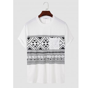 Men Tribal Print Chest Pocket Crew Neck Soft Short Sleeve Casual T  shirts