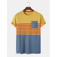 Men Cotton Contrast Striped Colorblock Chest Pocket Short Sleeve Leisure T  Shirt