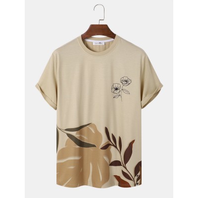 Men Flower   Leaf Print Crew Neck Casual Short Sleeve T  Shirts