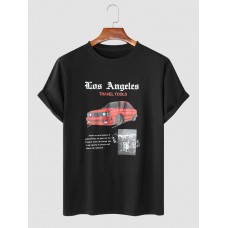 Men Graffiti Car Print Letter Print Hem Cuff Crew Neck Casual T  Shirt